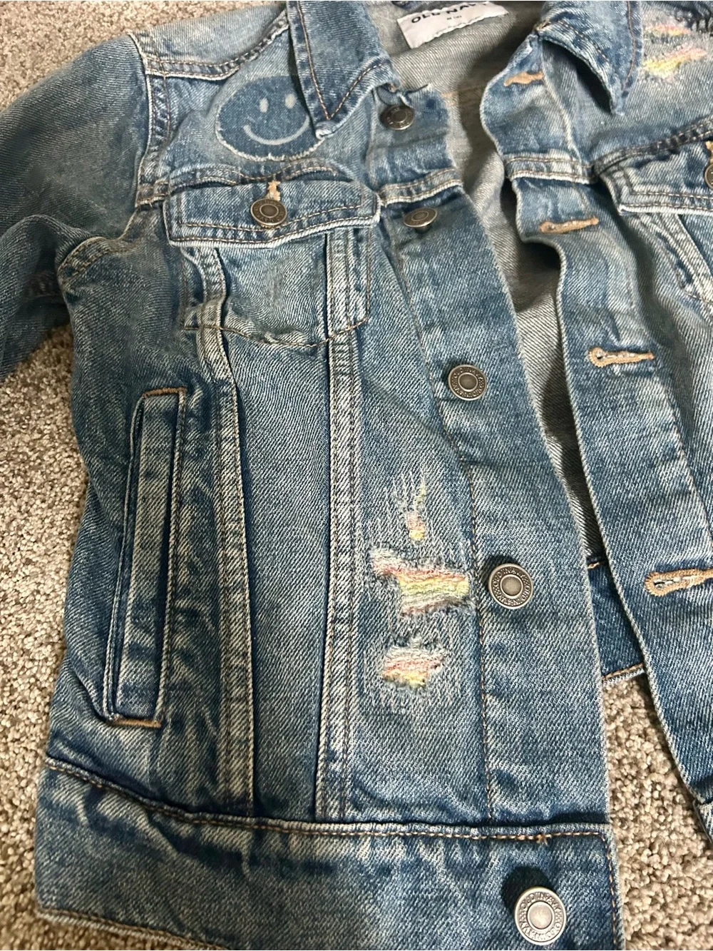 Old Navy Distressed Denim Jean Jacket with Smiley and Rainbow Accents